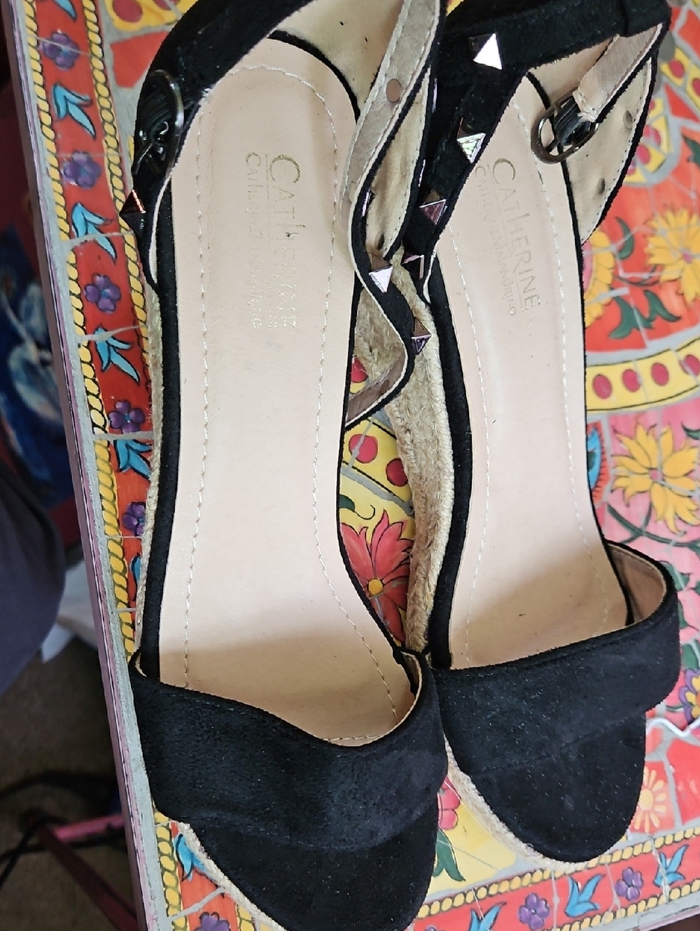 Katherine's Collection Black Suede Espadrille Wedge Sandals with Stud Accent